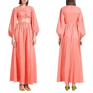 Staud Dress Tangier Ruched Cutout Maxi Balloon Sleeves Pockets Coral XS